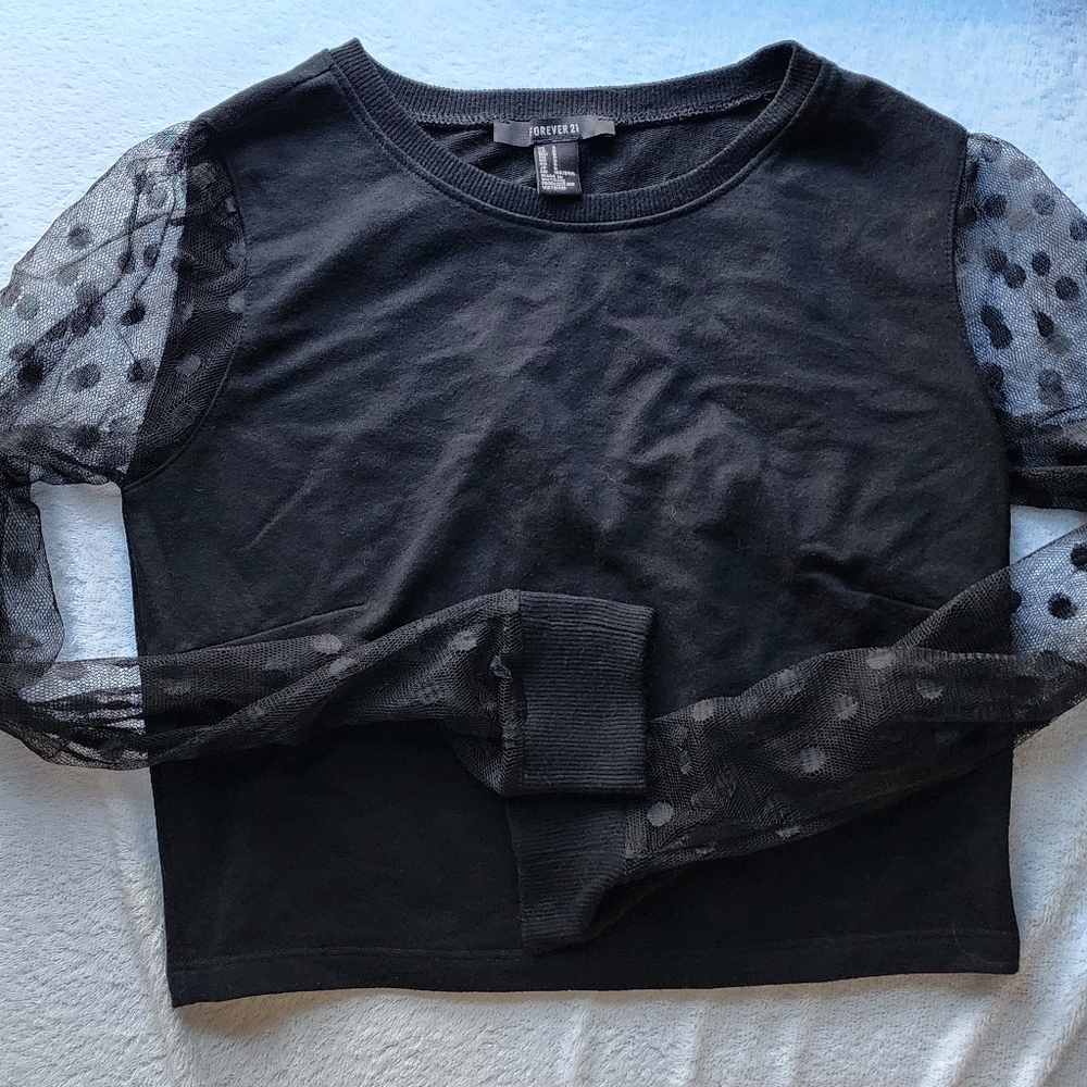 Forever 21 Black Sheer Polka Dot Long Sleeve Crop Top Size Small Y2k
